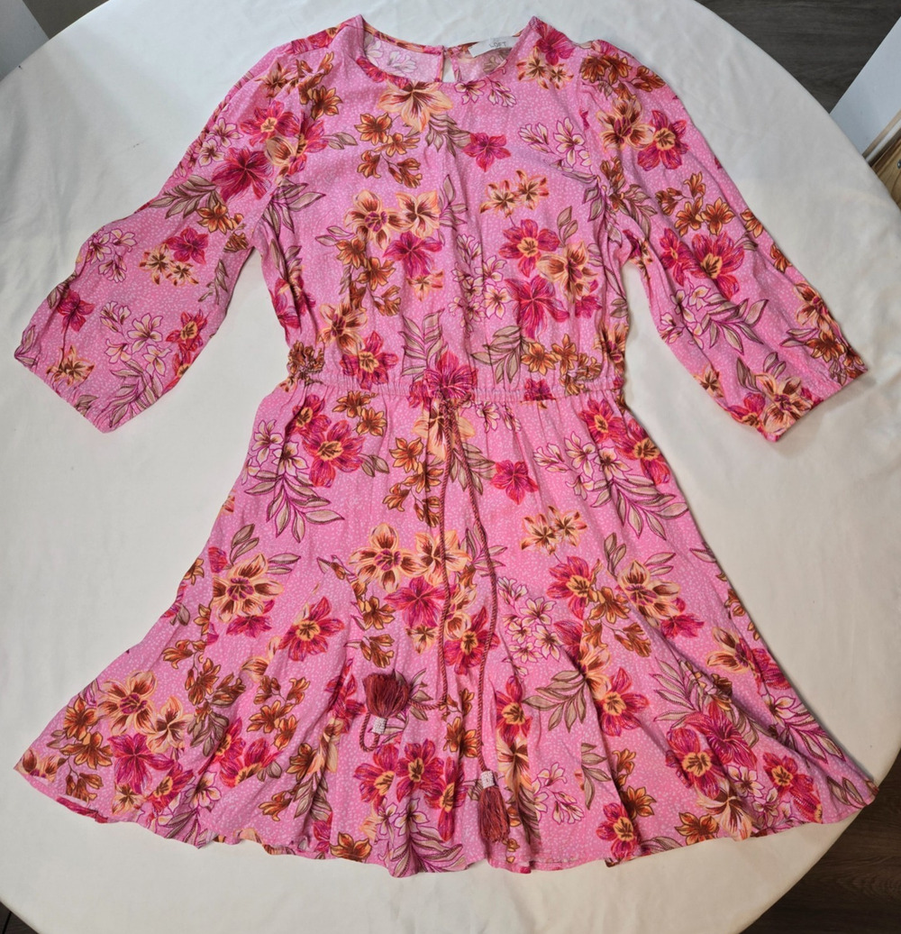 LOFT Women’s Pink Floral A-Line Dress Ruffle Accent Knee Length Size M NEW NWT